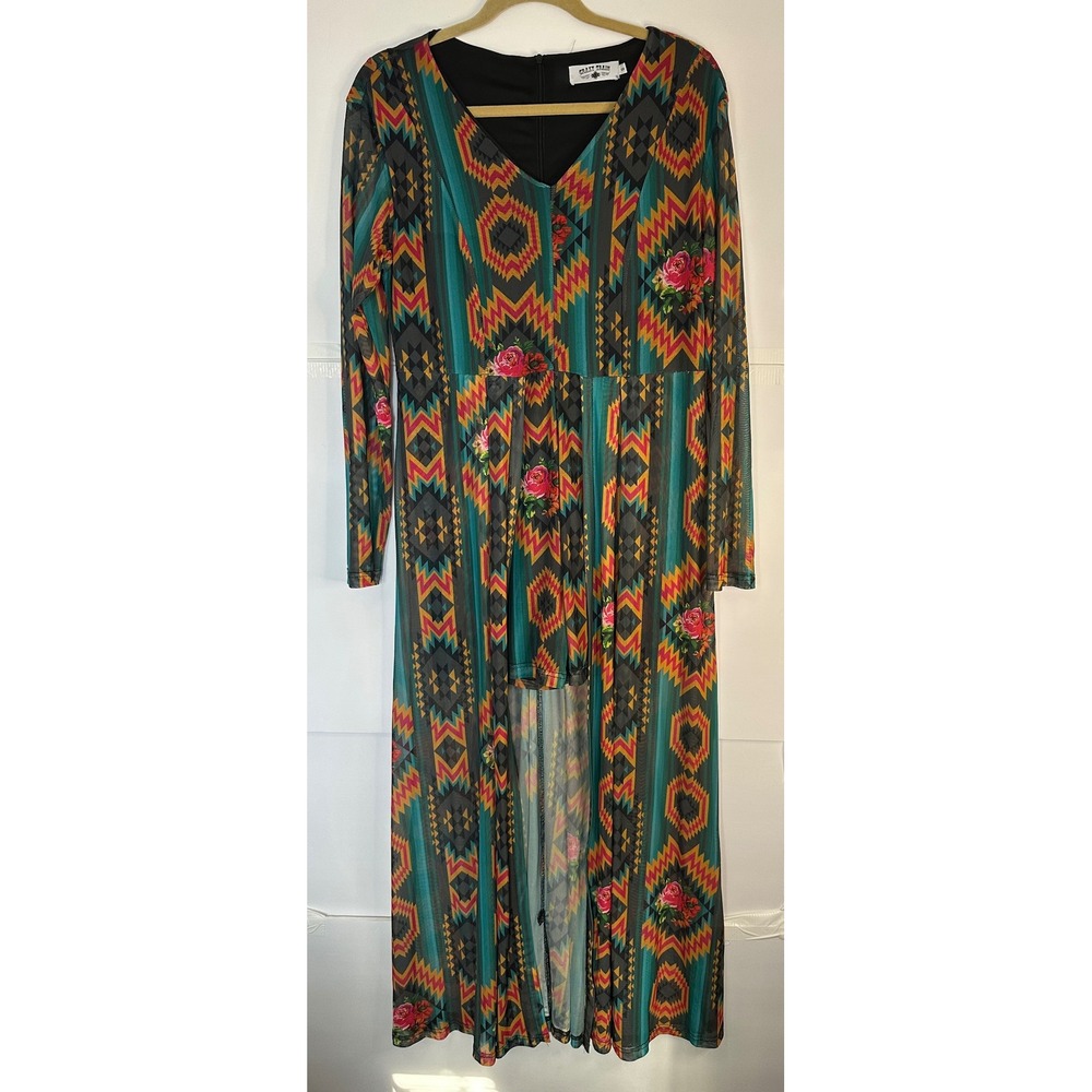 Crazy Train Small Aztec Print High Low Maxi Dress Long Sleeve Rose Skort